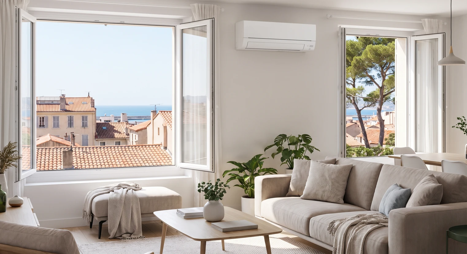 Photographie en couleur d'un salon résidentiel moderne et confortable, pièce lumineuse avec large baie vitrée ouverte sur vue urbaine méditerranéenne. Un climatiseur mural split-system blanc de marque Mitsubishi Electric est discrètement installé en hauteur sur le mur. La pièce respire le confort et la sérénité, avec un agencement élégant mettant en valeur l'environnement intérieur tempéré et agréable. La présence de l'équipement de climatisation doit être visible mais intégrée naturellement à l'environnement résidentiel de qualité, illustrant le confort offert par une installation professionnelle.