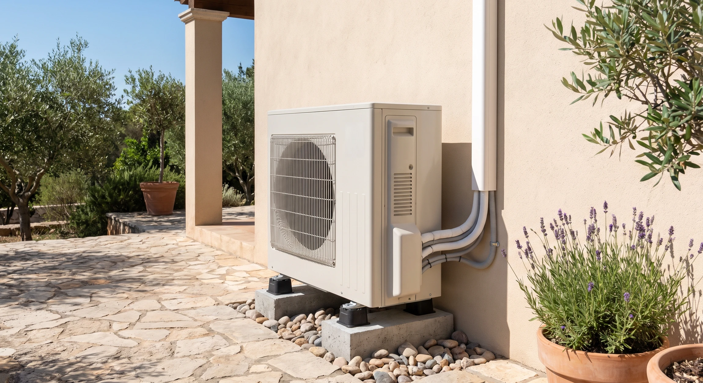 Photographie en plan moyen-large d'une unité extérieure de climatisation réversible Mitsubishi Electric installée en pied de façade extérieure. L'unité est posée sur patins antivibratoires ou socles surélevés, contre un mur enduit clair (beige ou gris clair). Les liaisons frigorifiques gainées et les câbles électriques sont bien visibles, organaisés de manière professionnelle. Le sol est visible (pavés, galets ou carrelage), témoignant d'une installation en règle. La composition valorise la qualité et la propreté de la pose, incarnant l'expertise technique de l'entreprise. Lumière naturelle claire, pas de surcharge visuelle, contexte résidentiel méditerranéen.