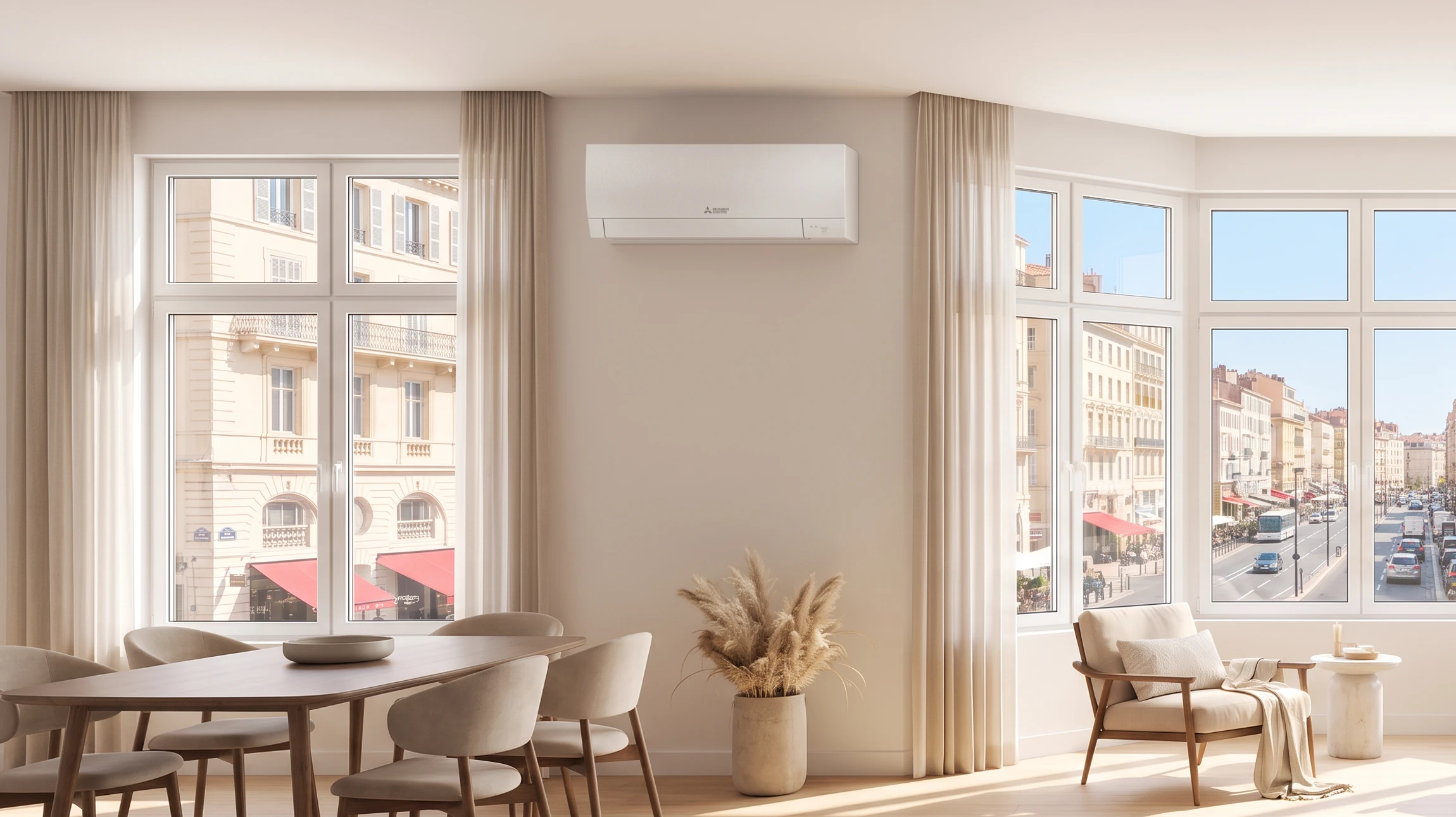 Intérieur résidentiel moderne et lumineux, salon spacieux avec baie vitrée donnant sur un paysage urbain méditerranéen. Deux unités murales de climatisation Mitsubishi Electric (blanc et noir), installées en hauteur sur des murs différents, créant une distribution homogène du confort thermique dans l'espace. Mobilier contemporain confortable, atmosphère chaleureuse et apaisée reflétant le bien-être et le confort optimal promis. Aucune présence de technicien ou de marquage visible.