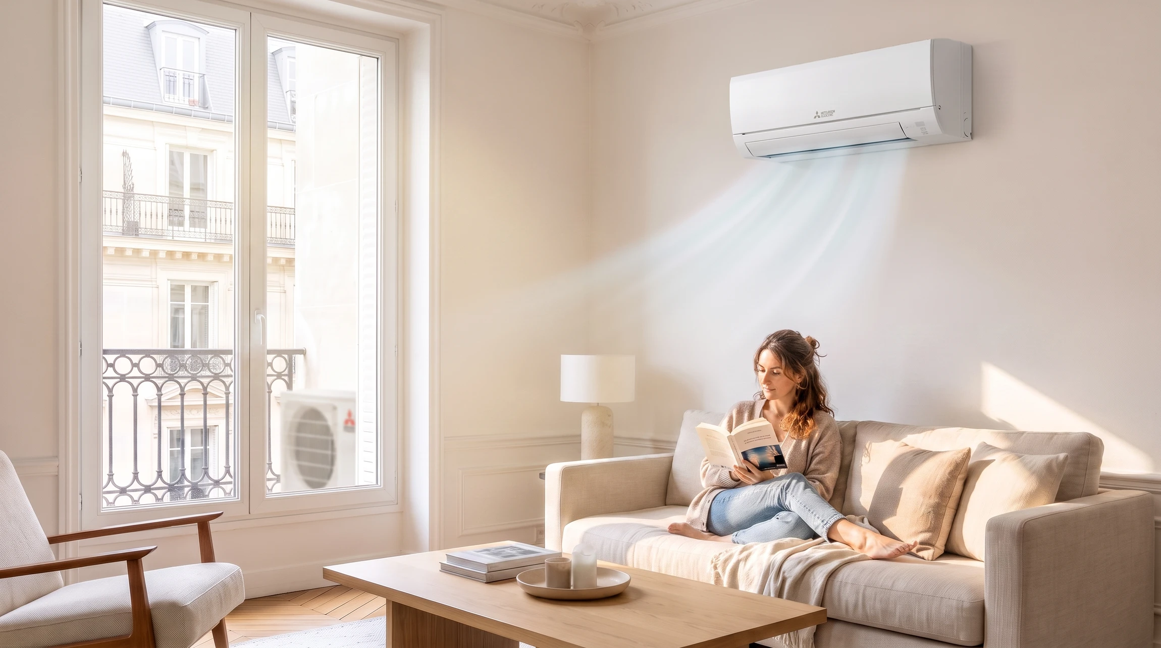 Vue d'ensemble d'une installation de climatisation mono split réversible dans un salon lumineux et élégant : unité intérieure murale blanche Mitsubishi Electric en fonctionnement, visible sur un mur clair, avec diffusion d'air frais visible, montée en harmonie avec la décoration intérieure. En arrière-plan visible par une fenêtre ou baie vitrée, aperçu discret de l'unité extérieure installée sur la façade ou terrasse. Atmosphère chaleureuse et apaisée, lumière naturelle, intérieur haut de gamme et confortable, illustrant le confort climat toute saison avec l'unité réversible.