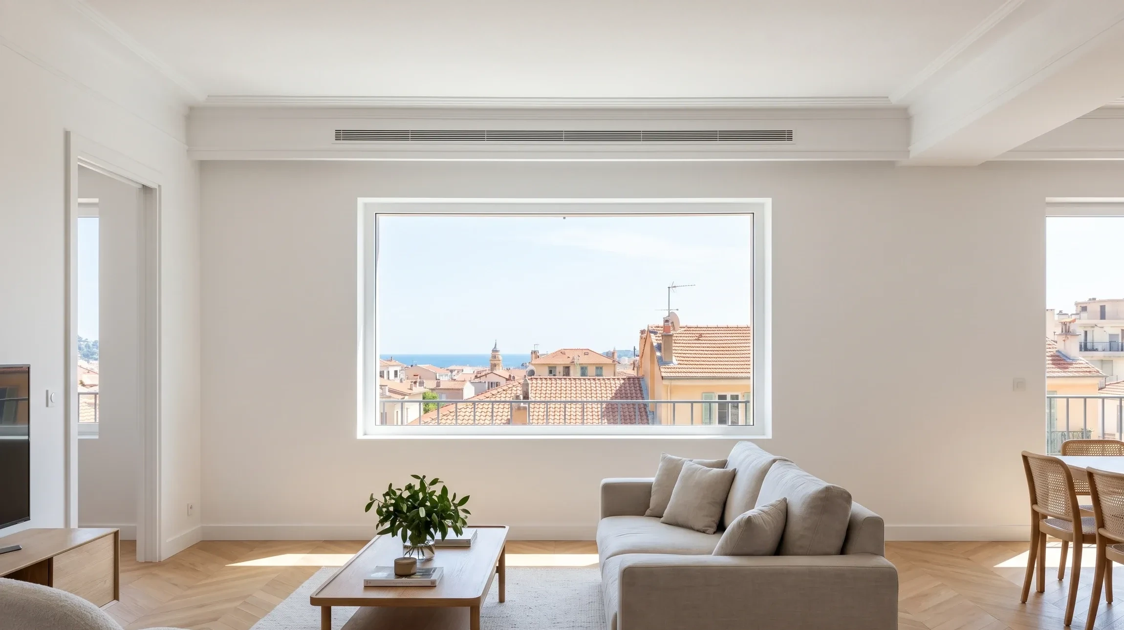 Intérieur résidentiel moderne et lumineux (salon ou chambre), avec murs blancs ou peints, parquet ou carrelage clair, baie vitrée donnant sur vue urbaine méditerranéenne. L'intérieur doit être climatisé de manière invisible : seul un diffuseur d'air linéaire discret intégré en plinthe basse ou en haut de mur est visible, ou aucune unité intérieure n'apparaît. La pièce doit dégager une sensation de fraîcheur et de confort (ambiance lumineuse, éclairage doux), sans aucun équipement de climatisation en saillie. Focus sur l'intérieur confortable et épuré, illustrant le concept "frais sans équipement visible".